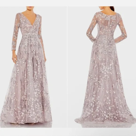 MWT MAC DUGGALEMBROIDERED LACE WRAP OVER ILLUSION LONG SLEEVE LILLAC GOWN